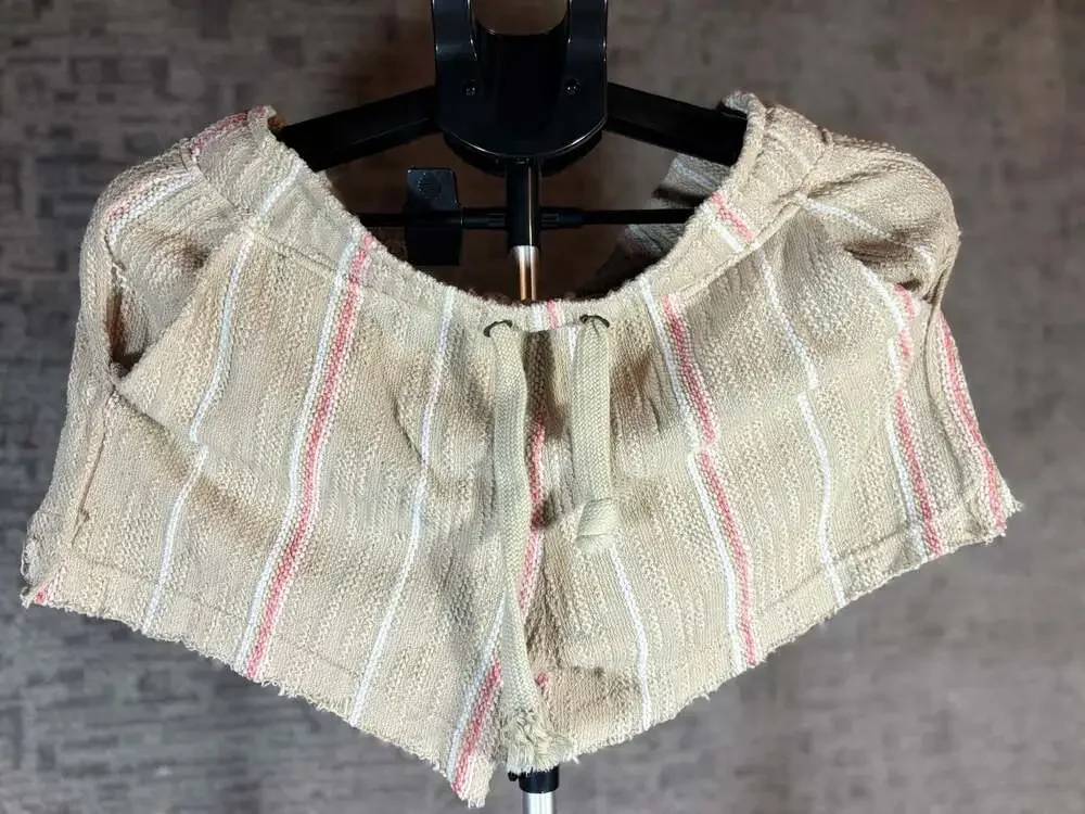 2 pcs Vintage Havana Textured Striped Pullover Hoodie and matching shorts